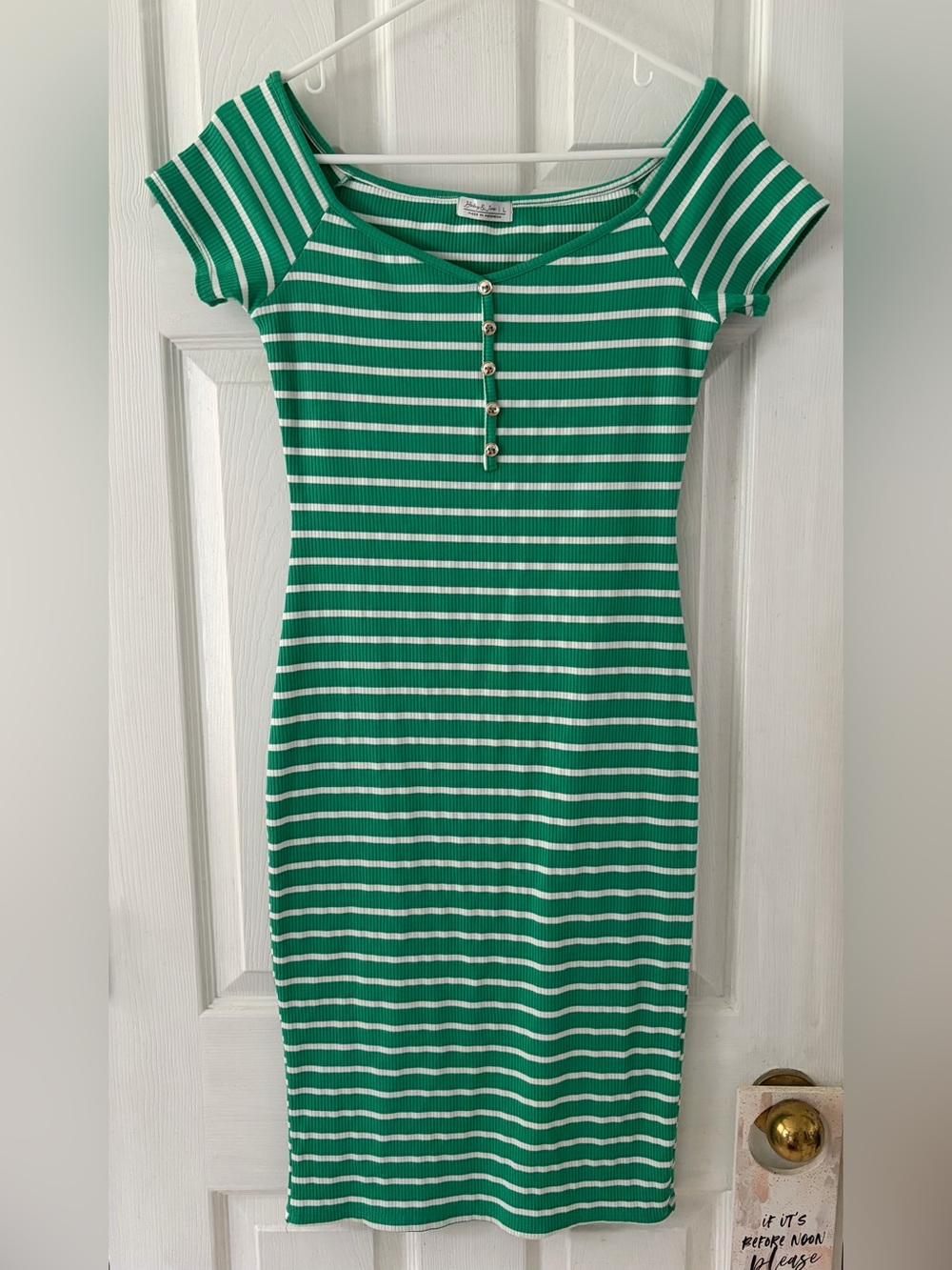Green and White Striped Off-Shoulder Midi Dress with Button Placket